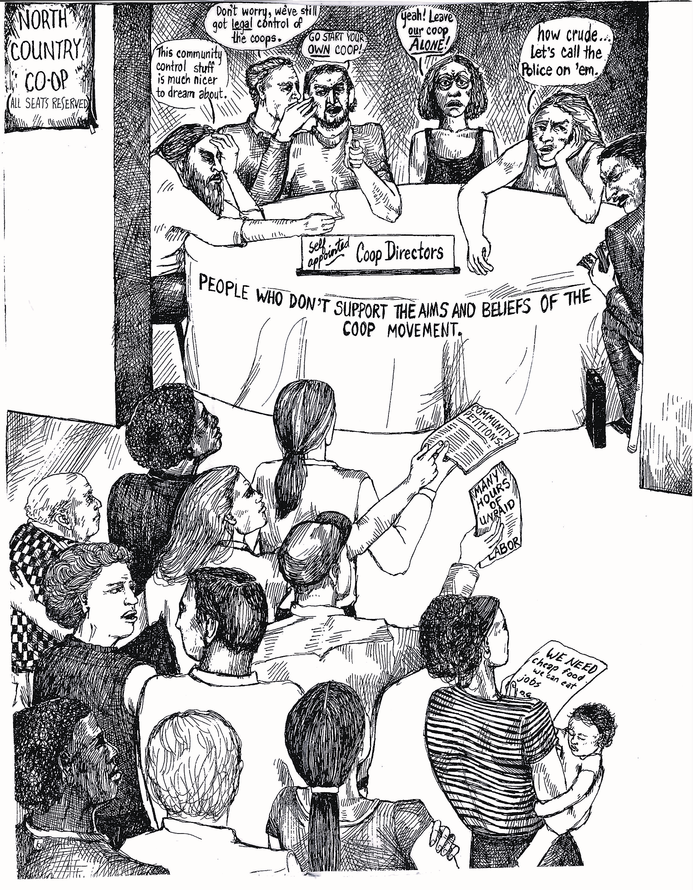 picture of crowd gathering near a table labled "self-appointed Coop Directors who are making comments