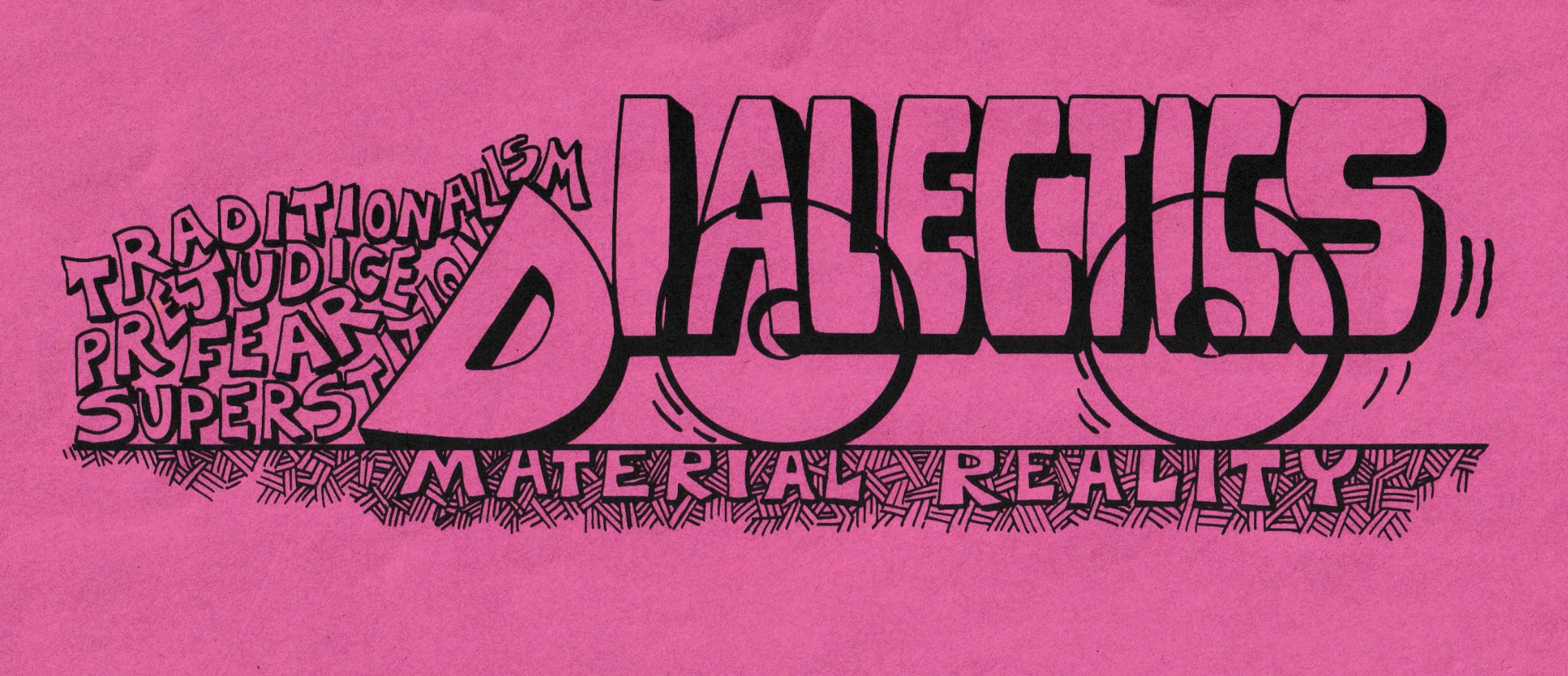 Outline image on magenta background of the word Dialectics in the form of a bulldozer