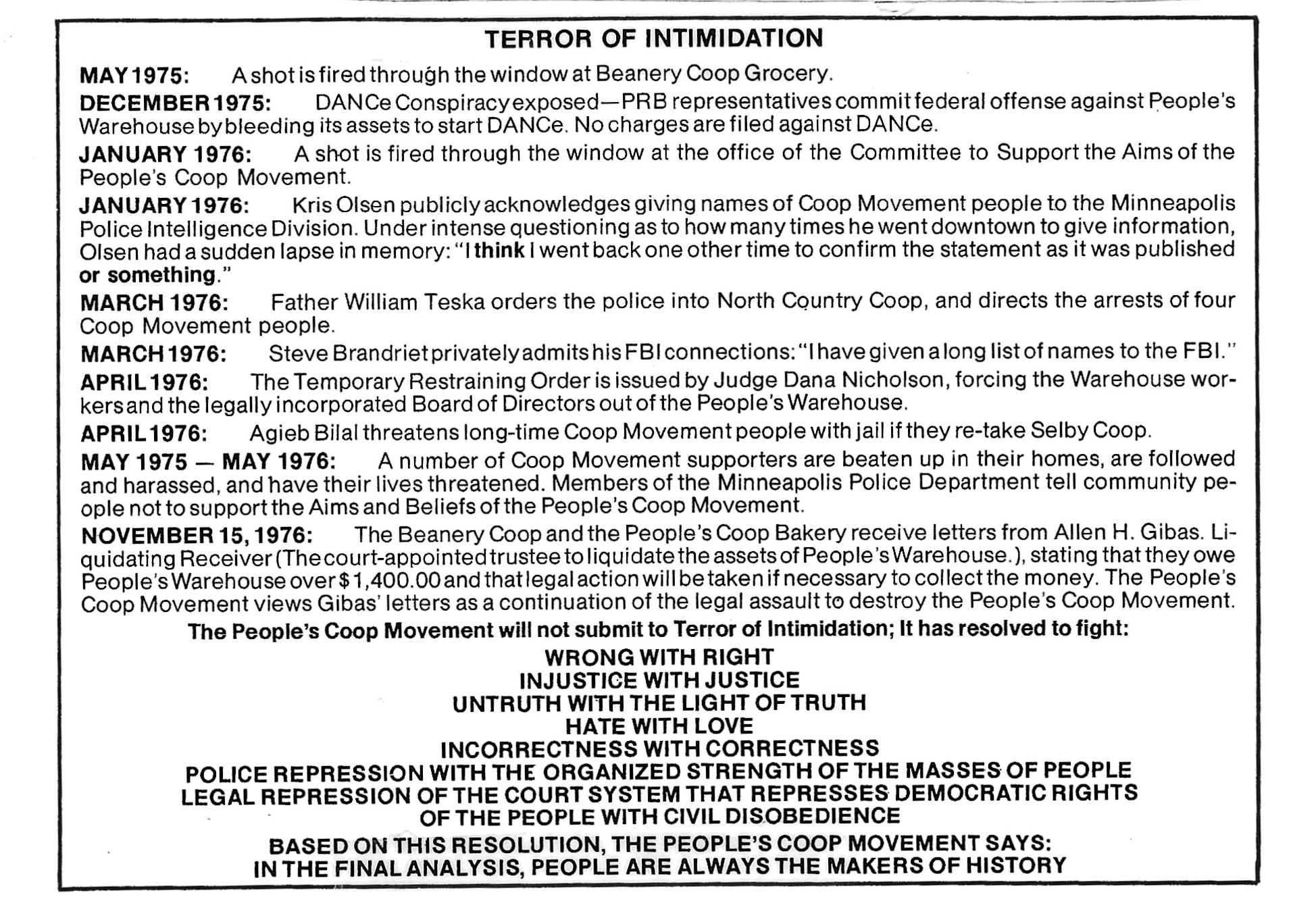 Text List of Actions by Opposition Against CO